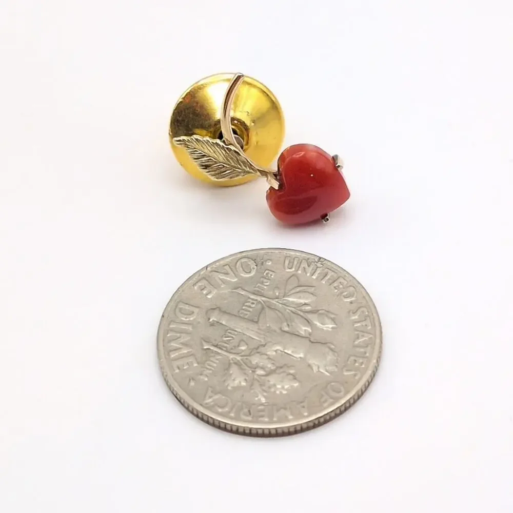Vintage Krementz Mini Tiny Lapel Pin Red Coral Heart Leaf Cherry Gold Tone